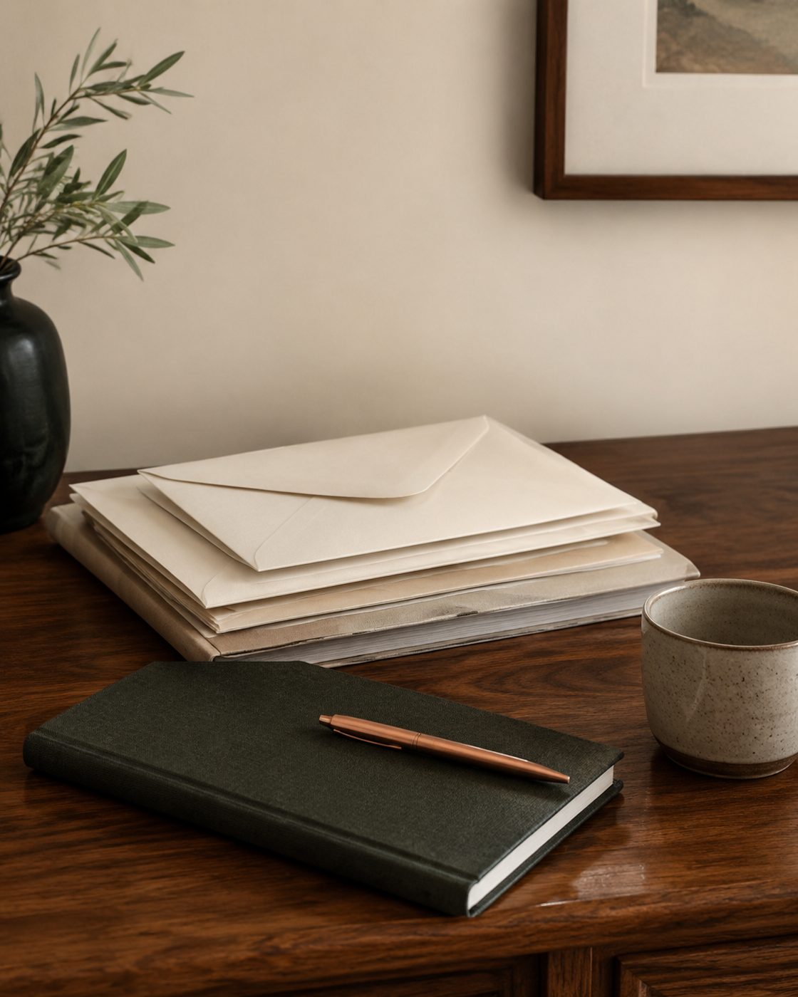 Neatly organized household correspondence and a notebook on a desk